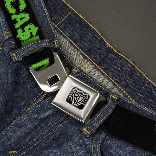 Buckle Down BD Wings Logo CLOSE-UP Full Color Black Silver Seatbelt Belt - CA$H MONEY Black/Green Webbing