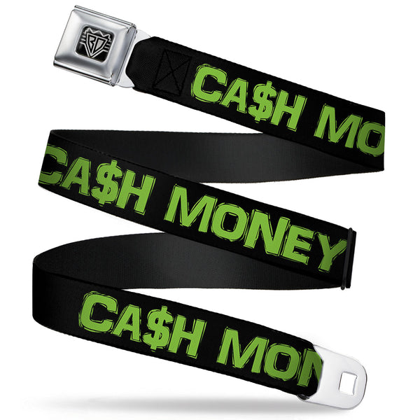 buckle down BD Wings Logo CLOSE-UP Full Color Black Silver Seatbelt Belt - CA$H MONEY Black/Green Webbing