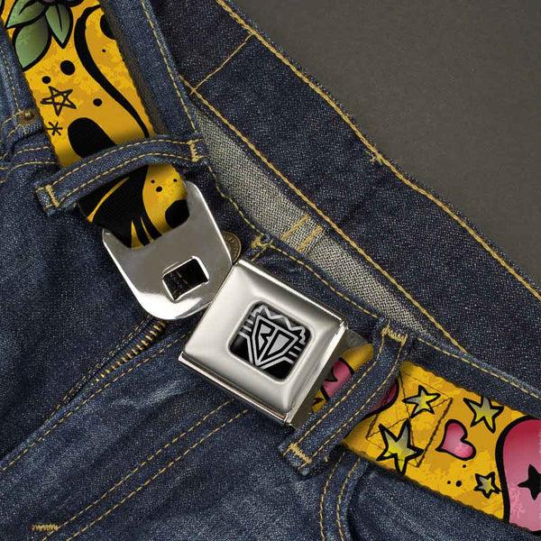 Buckle Down BD Wings Logo CLOSE-UP Full Color Black Silver Seatbelt Belt - Mom & Dad CLOSE-UP Yellow Webbing