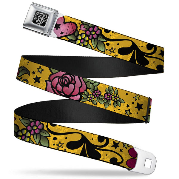 buckle down BD Wings Logo CLOSE-UP Full Color Black Silver Seatbelt Belt - Mom & Dad CLOSE-UP Yellow Webbing