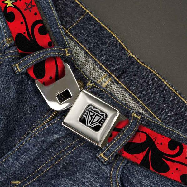 Buckle Down BD Wings Logo CLOSE-UP Full Color Black Silver Seatbelt Belt - Mom & Dad CLOSE-UP Red Webbing