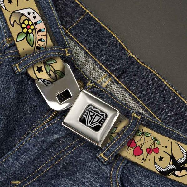 Buckle Down BD Wings Logo CLOSE-UP Full Color Black Silver Seatbelt Belt - Lucky Tan Webbing