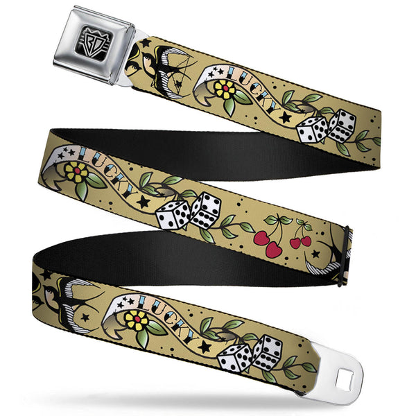 buckle down BD Wings Logo CLOSE-UP Full Color Black Silver Seatbelt Belt - Lucky Tan Webbing