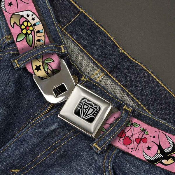 Buckle Down BD Wings Logo CLOSE-UP Full Color Black Silver Seatbelt Belt - Lucky Pink Webbing