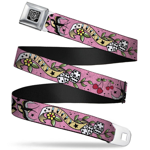 buckle down BD Wings Logo CLOSE-UP Full Color Black Silver Seatbelt Belt - Lucky Pink Webbing