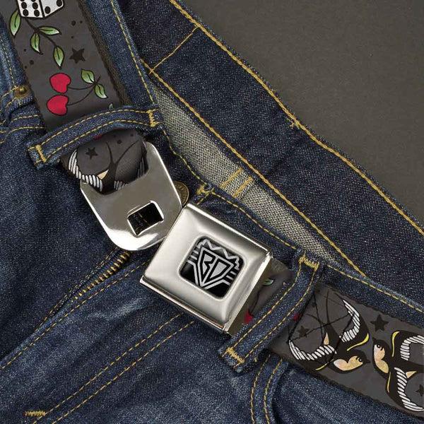Buckle Down BD Wings Logo CLOSE-UP Full Color Black Silver Seatbelt Belt - Lucky CLOSE-UP Gray Webbing