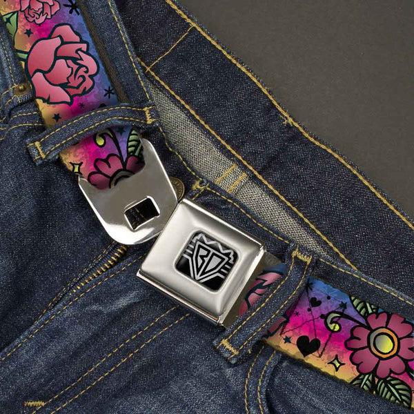 Buckle Down BD Wings Logo CLOSE-UP Full Color Black Silver Seatbelt Belt - Love Love Purple Webbing