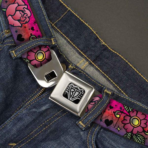 Buckle Down BD Wings Logo CLOSE-UP Full Color Black Silver Seatbelt Belt - Love Love Pink Webbing