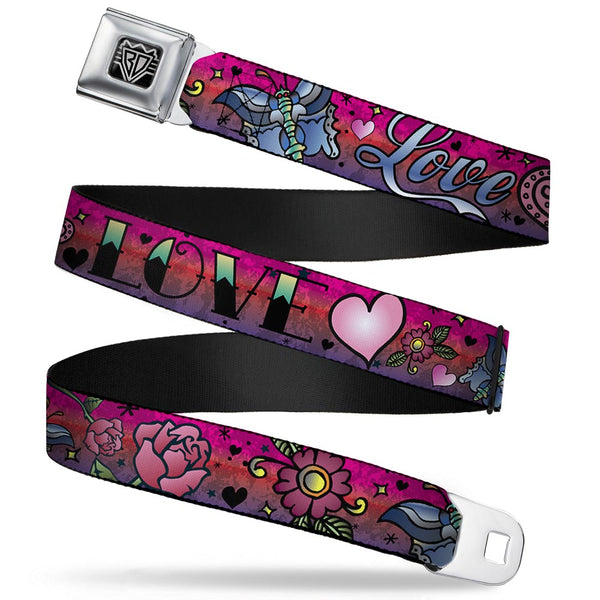 buckle down BD Wings Logo CLOSE-UP Full Color Black Silver Seatbelt Belt - Love Love Pink Webbing