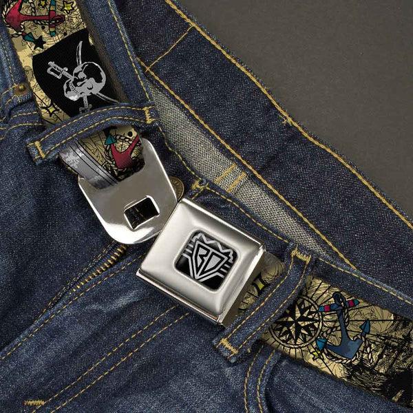 Buckle Down BD Wings Logo CLOSE-UP Full Color Black Silver Seatbelt Belt - Dead Men Tell No Tales CLOSE-UP Tan Webbing
