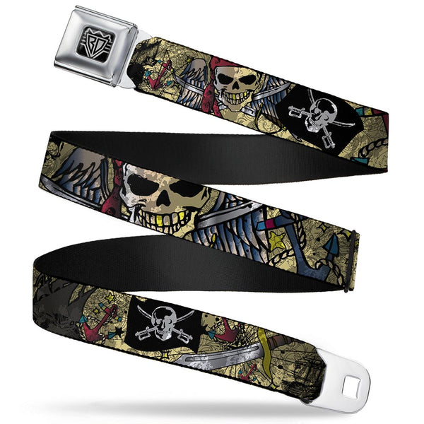 buckle down BD Wings Logo CLOSE-UP Full Color Black Silver Seatbelt Belt - Dead Men Tell No Tales CLOSE-UP Tan Webbing