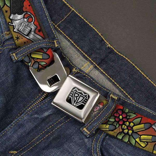 Buckle Down BD Wings Logo CLOSE-UP Full Color Black Silver Seatbelt Belt - Born To Raise Hell CLOSE-UP Red Webbing