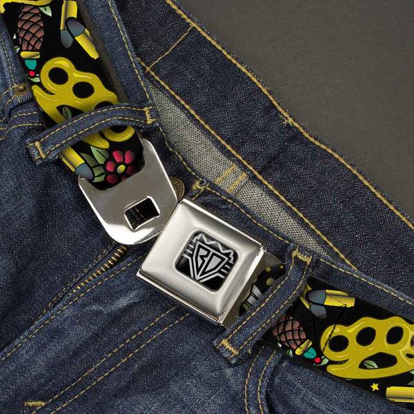 Buckle Down BD Wings Logo CLOSE-UP Full Color Black Silver Seatbelt Belt - Born To Raise Hell Black Webbing