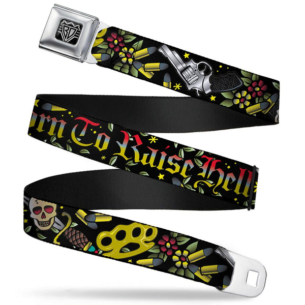 buckle down BD Wings Logo CLOSE-UP Full Color Black Silver Seatbelt Belt - Born to Raise Hell Black Webbing