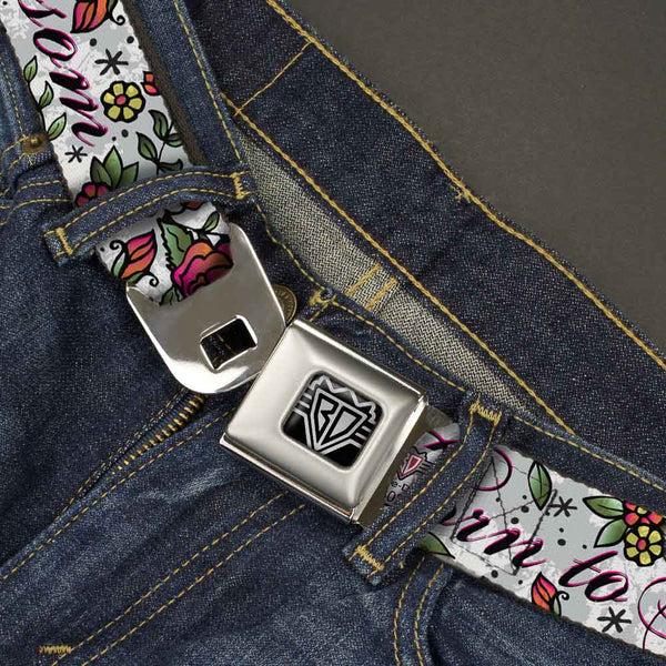 Buckle Down BD Wings Logo CLOSE-UP Full Color Black Silver Seatbelt Belt - Born To Blossom White Webbing