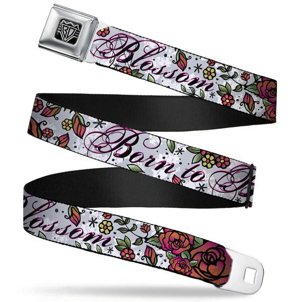 buckle down BD Wings Logo CLOSE-UP Full Color Black Silver Seatbelt Belt - Born to Blossom White Webbing