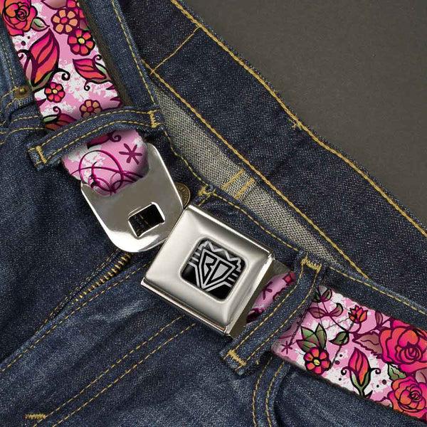 Buckle Down BD Wings Logo CLOSE-UP Full Color Black Silver Seatbelt Belt - Born To Blossom Pink Webbing