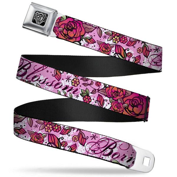 buckle down BD Wings Logo CLOSE-UP Full Color Black Silver Seatbelt Belt - Born to Blossom Pink Webbing