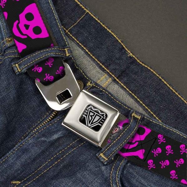 Buckle Down BD Wings Logo CLOSE-UP Full Color Black Silver Seatbelt Belt - Skull W/Babies Black/Fuchsia Webbing