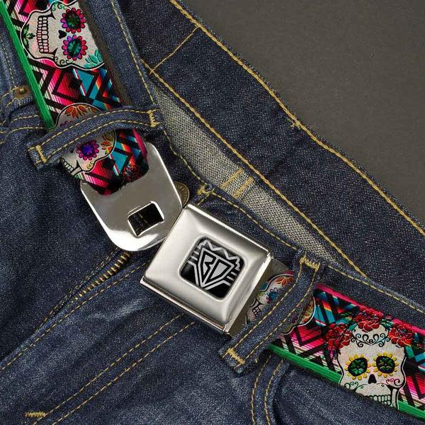 Buckle Down BD Wings Logo CLOSE-UP Full Color Black Silver Seatbelt Belt - Sugar Skulls Zarape Multi Color Webbing