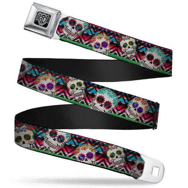 buckle down BD Wings Logo CLOSE-UP Full Color Black Silver Seatbelt Belt - Sugar Skulls Zarape Multi Color Webbing