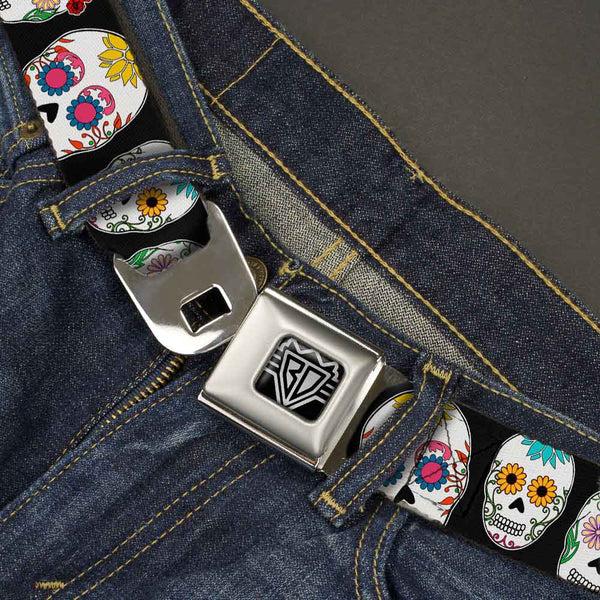 Buckle Down BD Wings Logo CLOSE-UP Full Color Black Silver Seatbelt Belt - Sugar Skull Outline Black/Multi Color Webbing