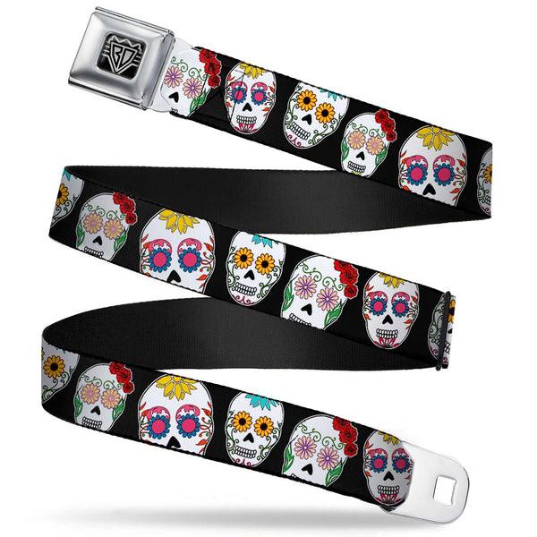 buckle down BD Wings Logo CLOSE-UP Full Color Black Silver Seatbelt Belt - Sugar Skull Outline Black/Multi Color Webbing