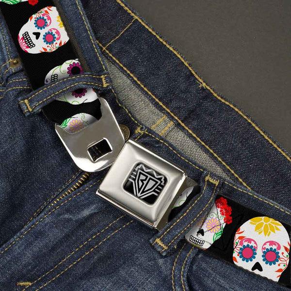 Buckle Down BD Wings Logo CLOSE-UP Full Color Black Silver Seatbelt Belt - Staggered Sugar Skulls Black/Multi Color Webbing