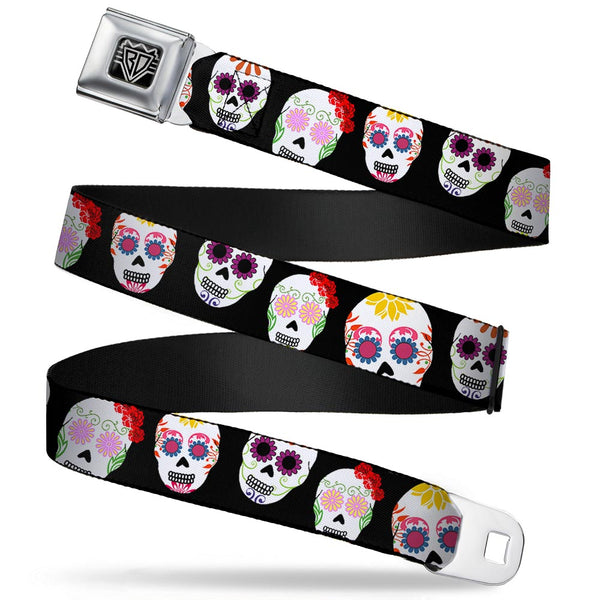 buckle down BD Wings Logo CLOSE-UP Full Color Black Silver Seatbelt Belt - Staggered Sugar Skulls Black/Multi Color Webbing