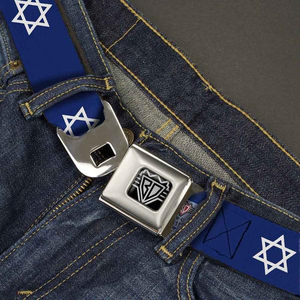 Buckle Down BD Wings Logo CLOSE-UP Full Color Black Silver Seatbelt Belt - Star Of David Webbing