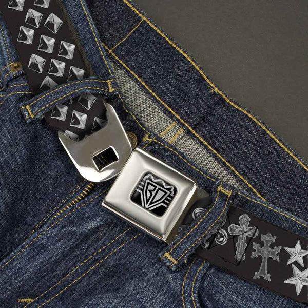 Buckle Down BD Wings Logo CLOSE-UP Full Color Black Silver Seatbelt Belt - Elegant Crosses/Stars/Studs Black/Grays Webbing