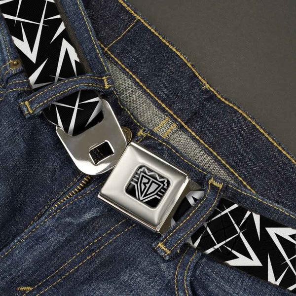 Buckle Down BD Wings Logo CLOSE-UP Full Color Black Silver Seatbelt Belt - Spikes Scattered Black/White Webbing