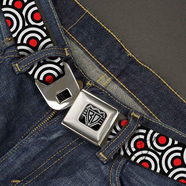 Buckle Down BD Wings Logo CLOSE-UP Full Color Black Silver Seatbelt Belt - Bullseye Stacked Black/White/Red Webbing