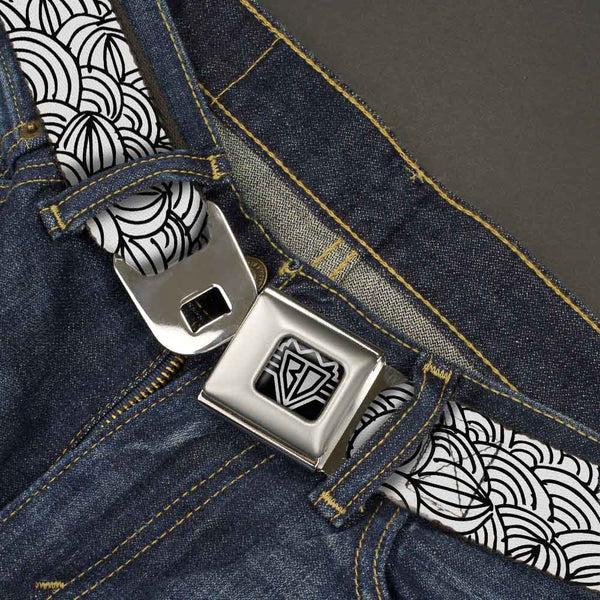 Buckle Down BD Wings Logo CLOSE-UP Full Color Black Silver Seatbelt Belt - Doodle1 White/Black Webbing