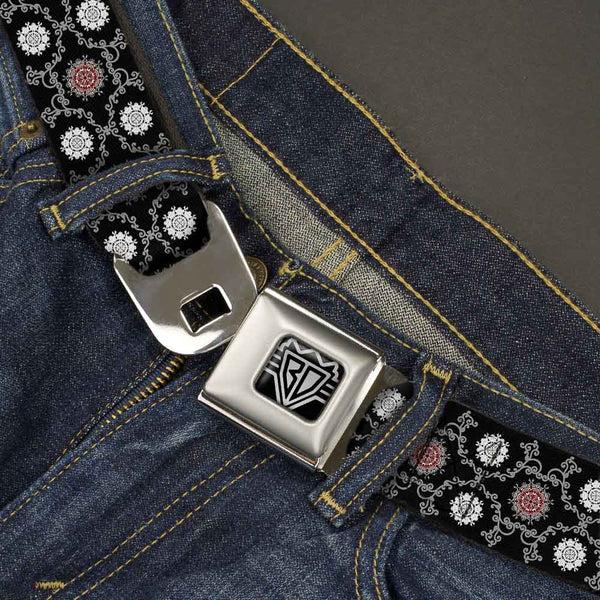 Buckle Down BD Wings Logo CLOSE-UP Full Color Black Silver Seatbelt Belt - Tapestry 1 Black Webbing