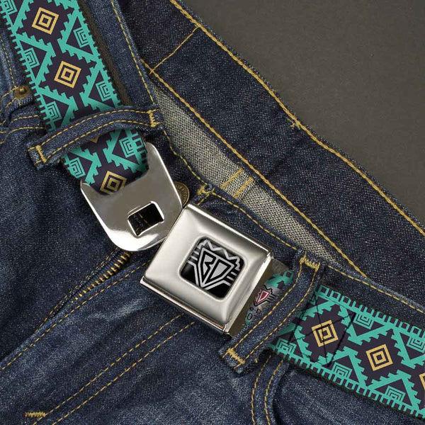 Buckle Down BD Wings Logo CLOSE-UP Full Color Black Silver Seatbelt Belt - Geometric6 Navy/Turquoise/Gold Webbing