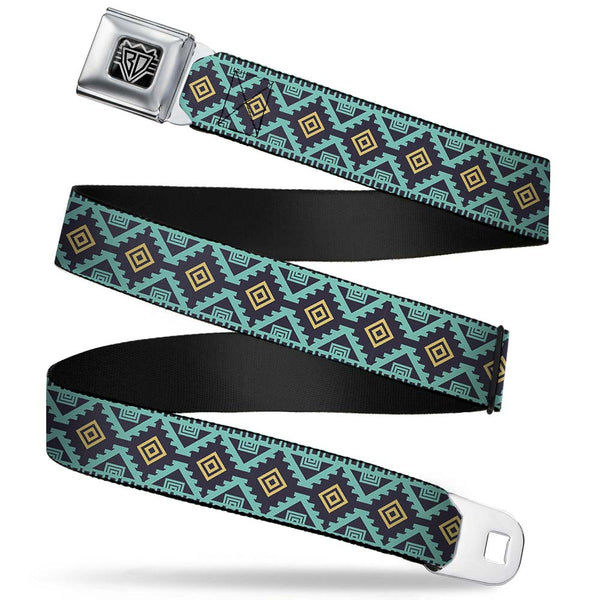 buckle down BD Wings Logo CLOSE-UP Full Color Black Silver Seatbelt Belt - Geometric6 Navy/Turquoise/Gold Webbing