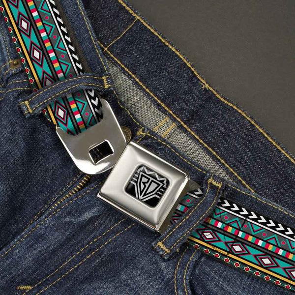 Buckle Down BD Wings Logo CLOSE-UP Full Color Black Silver Seatbelt Belt - Geometric5 Gray/Teal/White/Pink/Yellow Webbing