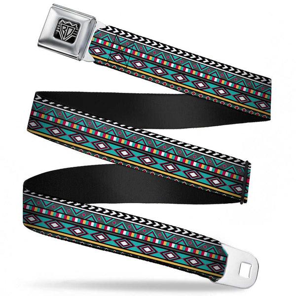 buckle down BD Wings Logo CLOSE-UP Full Color Black Silver Seatbelt Belt - Geometric5 Gray/Teal/White/Pink/Yellow Webbing