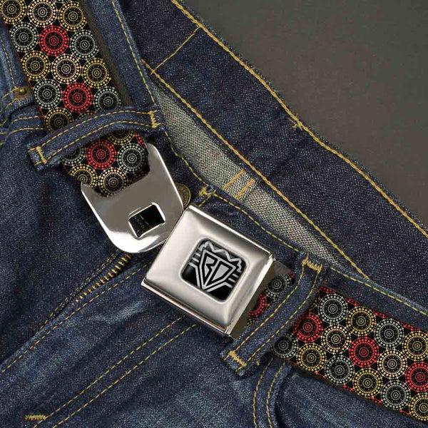 Buckle Down BD Wings Logo CLOSE-UP Full Color Black Silver Seatbelt Belt - Aboriginal Black/Cream/Multi Color Webbing