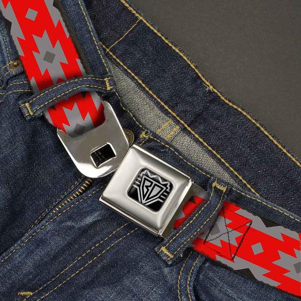 Buckle Down BD Wings Logo CLOSE-UP Full Color Black Silver Seatbelt Belt - Navajo Gray/Red/Gray/Black Webbing