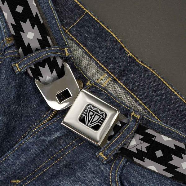 Buckle Down BD Wings Logo CLOSE-UP Full Color Black Silver Seatbelt Belt - Navajo Gray/Black/Gray/White Webbing