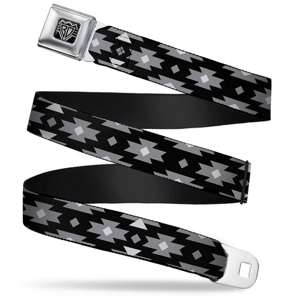 buckle down BD Wings Logo CLOSE-UP Full Color Black Silver Seatbelt Belt - Navajo Gray/Black/Gray/White Webbing