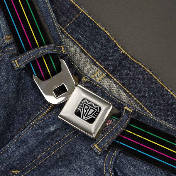Buckle Down BD Wings Logo CLOSE-UP Full Color Black Silver Seatbelt Belt - Pinstripes Black/Multi Color Webbing