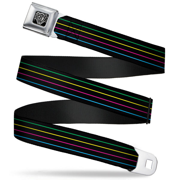 buckle down BD Wings Logo CLOSE-UP Full Color Black Silver Seatbelt Belt - Pinstripes Black/Multi Color Webbing