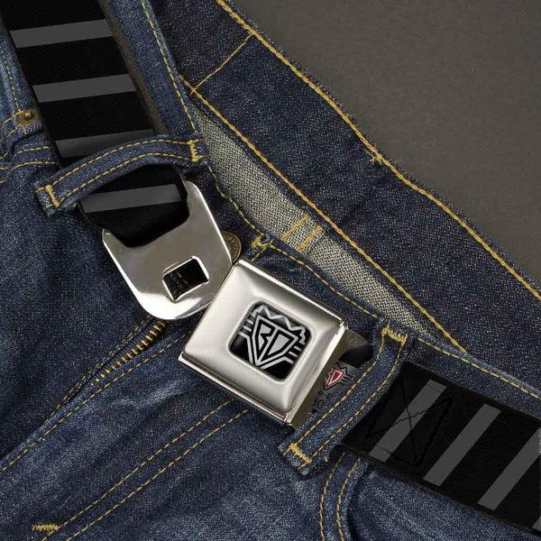 Buckle Down BD Wings Logo CLOSE-UP Full Color Black Silver Seatbelt Belt - Diagonal Stripes Black/Gray Webbing
