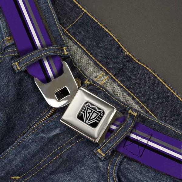 Buckle Down BD Wings Logo CLOSE-UP Full Color Black Silver Seatbelt Belt - Racing Stripes Purple/Gray/White/Black Webbing