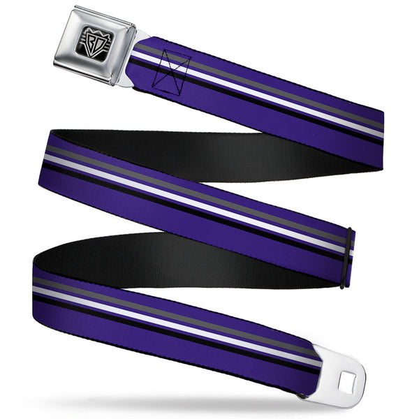 buckle down BD Wings Logo CLOSE-UP Full Color Black Silver Seatbelt Belt - Racing Stripes Purple/Gray/White/Black Webbing