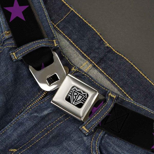 Buckle Down BD Wings Logo CLOSE-UP Full Color Black Silver Seatbelt Belt - Star Black/Purple Webbing