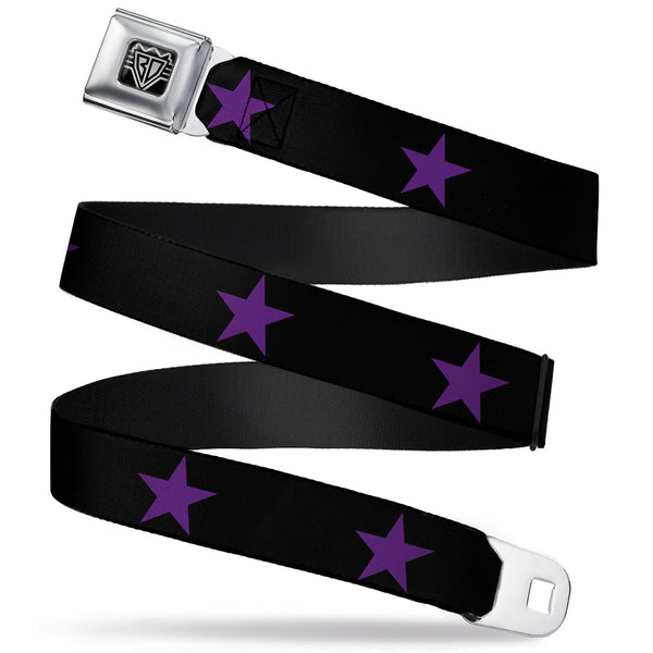 buckle down BD Wings Logo CLOSE-UP Full Color Black Silver Seatbelt Belt - Star Black/Purple Webbing